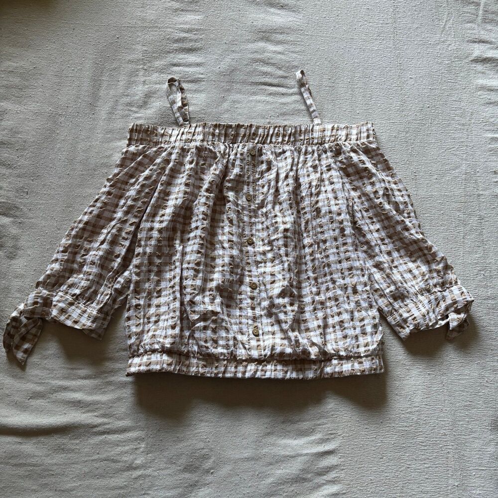 BCX Off-the-Shoulder Gingham Button-down Blouse